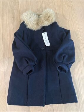 Janie and Jack Navy Pea Coat with Cream Faux Fur Collar